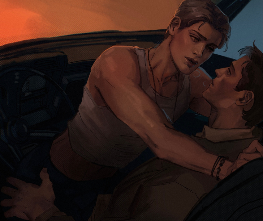 2boys aged_down boy_on_top brown_hair car_interior castiel coat couple cowboy_shot dean_winchester eye_contact face-to-face hand_on_another's_leg highres imminent_kiss jewelry looking_at_another male_focus midriff_peek multiple_boys necklace pectoral_cleavage pectorals rozavay shirt short_hair sitting straddling supernatural_(tv_series) tank_top tight_clothes tight_shirt time_paradox trench_coat upright_straddle white_tank_top yaoi