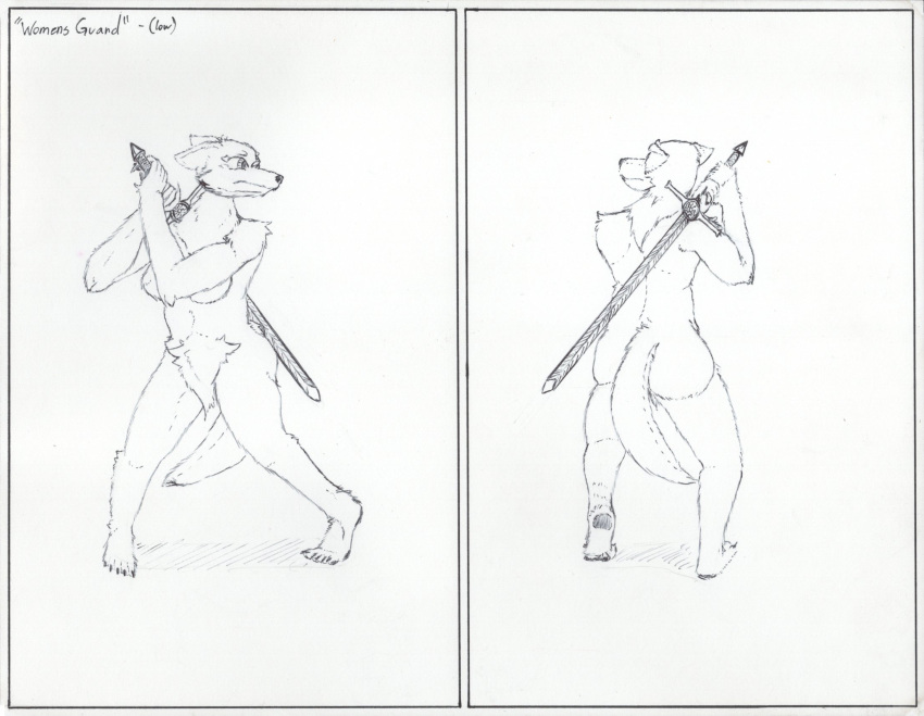 anthro black_sun canid canine canis domestic_dog doublespace ears_back feet female german_shepherd herding_dog hi_res hyper_pubes mammal melee_weapon pastoral_dog pivoted_ears plantigrade pose practice solo sword tail tail_between_legs weapon