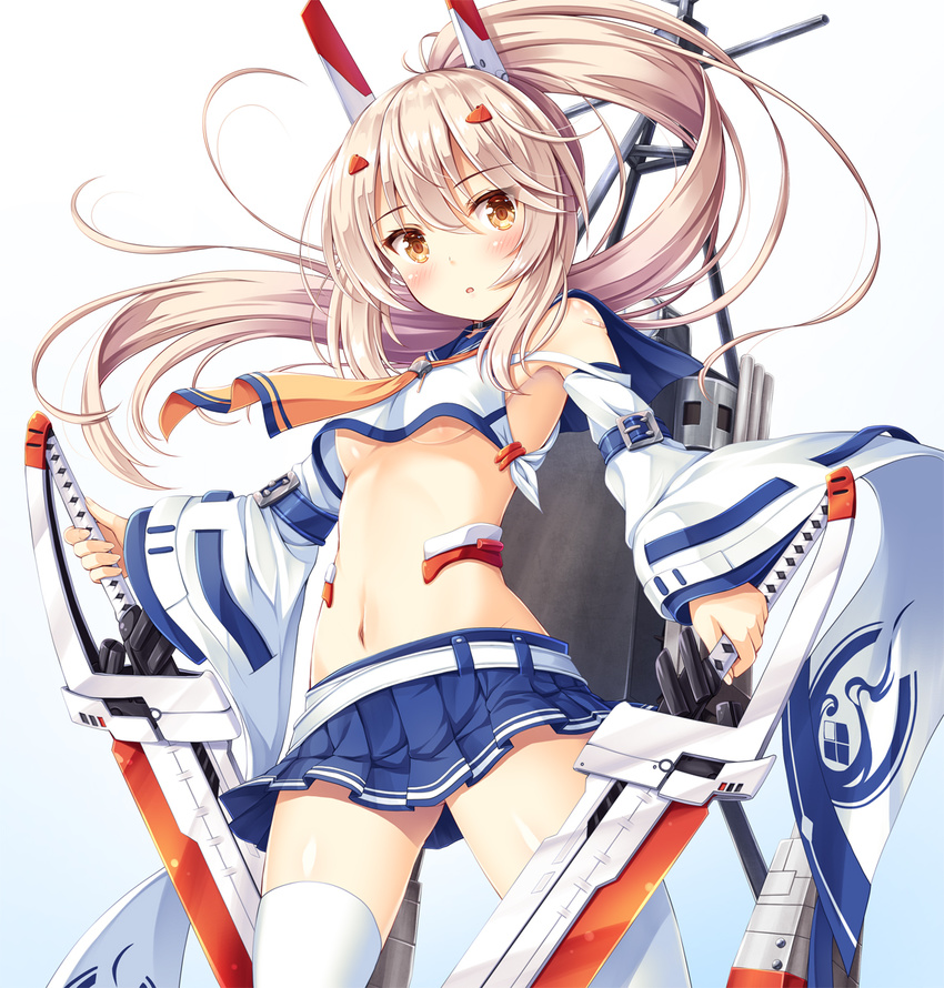 :o akashio_(loli_ace) arm_belt armpits ayanami_(azur_lane) azur_lane bandages bangs bare_shoulders belt blonde_hair blue_sailor_collar blue_skirt blush breasts commentary_request cowboy_shot crop_top crop_top_overhang detached_sleeves dual_wielding eyebrows_visible_through_hair hair_between_eyes headgear highres holding holding_sword holding_weapon long_hair looking_at_viewer machinery midriff miniskirt navel neckerchief orange_eyes orange_neckwear parted_lips pleated_skirt ponytail remodel_(azur_lane) sailor_collar school_uniform serafuku shiny shiny_skin skirt small_breasts solo standing sword thighhighs underboob weapon white_legwear wide_sleeves