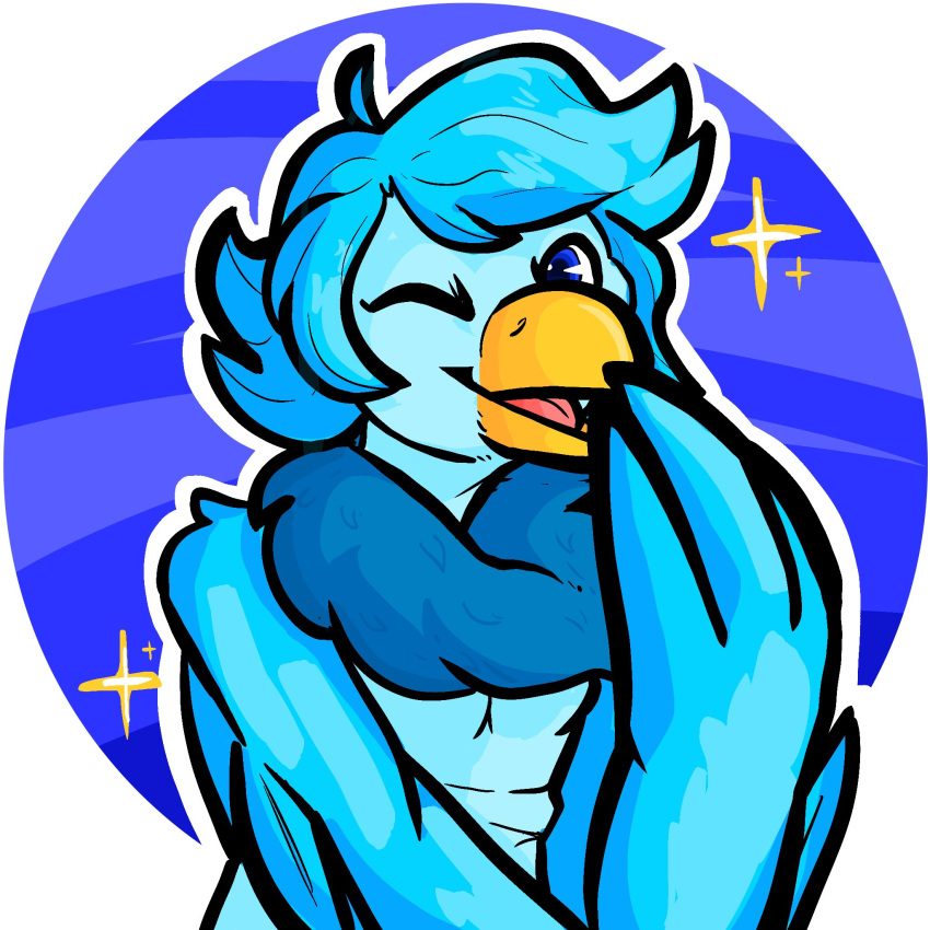 anthro avian beak bird blue_eyes blue_hair clothed clothing covering covering_mouth female hair hi_res martlet_(undertale_yellow) mintybirdd neck_tuft one_eye_closed solo tuft undertale undertale_(series) undertale_yellow wings wink