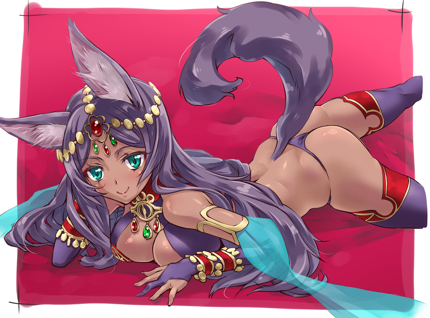 animal_ears aqua_eyes ass back breasts bridal_gauntlets cleavage dark_skin elbow_gloves fate/grand_order fate_(series) gloves hair_ornament highres long_hair looking_at_viewer lying medium_breasts on_stomach purple_hair purple_legwear queen_of_sheba_(fate/grand_order) smile solo suzuki24 tail thighhighs