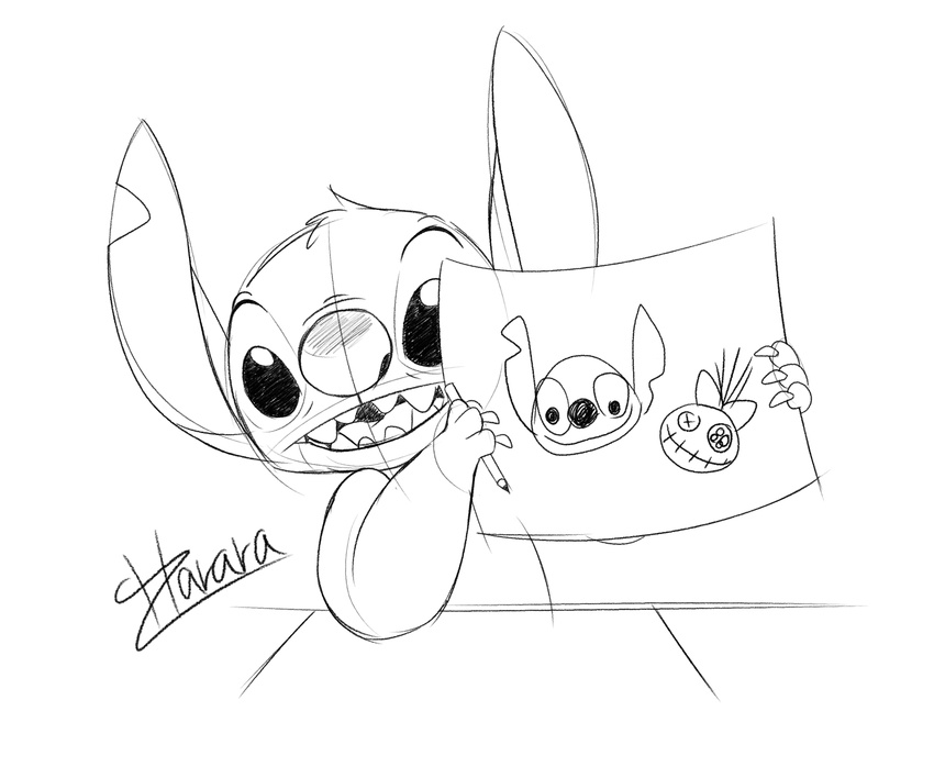 alien claws digital_drawing_(artwork) digital_media_(artwork) disney drawing experiment_(species) greyscale harara head_tuft hi_res holding_object lilo_and_stitch looking_at_viewer monochrome notched_ear open_mouth open_smile paper pencil_(object) scrump simple_background sketch smile solo stitch tuft white_background