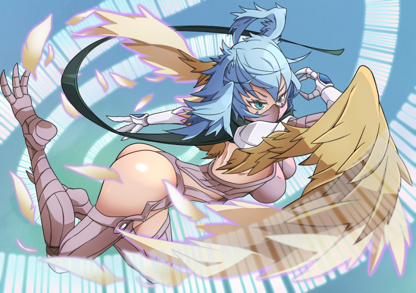 1girl aqua_eyes armor ass black_scarf blue_hair breasts claw_(weapon) claws commentary digimon digimon_(creature) digimon_frontier facial_mark feathered_wings feathers hair_wings large_breasts long_scarf mask medium_hair mouth_mask ninja_mask no_humans roy_payne scarf shoulder_armor shutumon solo weapon wings