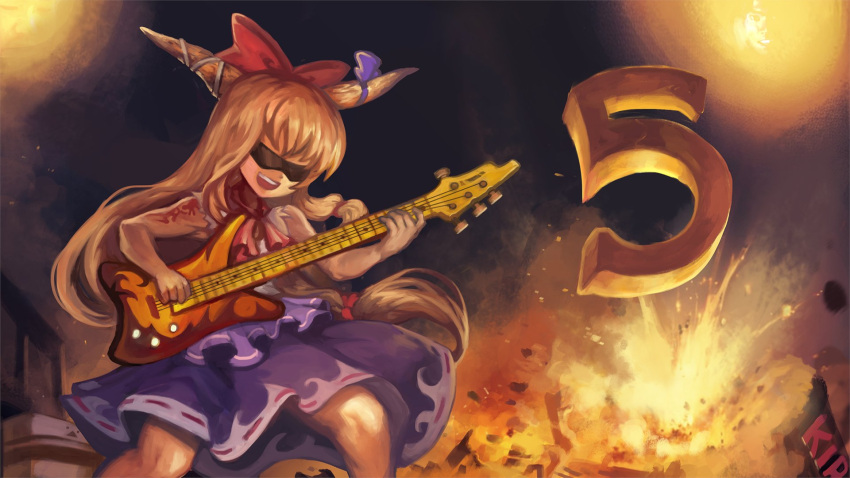 1girl :d blonde_hair bow brown_horns commentary_request cookie_(touhou) electric_guitar explosion feet_out_of_frame fire guitar hair_bow highres holding holding_guitar holding_instrument horn_ornament horn_ribbon horns ibuki_suika instrument long_hair medium_bangs music niconico niconico_headquarters_(harajuku) open_mouth playing_instrument purple_bow purple_skirt red_bow ribbon ribbon-trimmed_skirt ribbon_trim second-party_source shirt sidelocks skirt sleeveless sleeveless_shirt smile solo standing sunglasses teeth touhou upper_teeth_only white_shirt yamin_(cookie) yilx