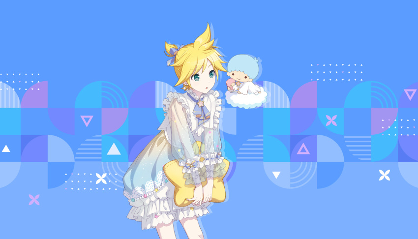 1boy ascot blonde_hair bloomers blue_ascot blue_background blue_hair blue_ribbon brooch buttons capelet character_doll closed_mouth cloud colorful_palette diagonal_stripes dot_nose double_horizontal_stripe feet_out_of_frame frilled_capelet frilled_nightgown frilled_sleeves frills glitter green_eyes hair_ribbon high_ponytail highres jewelry kagamine_len kiki_(little_twin_stars) light_blue_background light_blue_hair little_twin_stars long_sleeves looking_at_another male_focus nightgown no_nose official_art parted_bangs parted_lips patterned_clothing pillow project_sekai ribbon sanrio see-through see-through_sleeves short_ponytail simple_background sleepwear smile solid_circle_eyes star_brooch star_pillow striped striped_background third-party_source triangle v_arms vertical_stripes vocaloid white_bloomers white_capelet white_nightgown wide-eyed wrist_bow