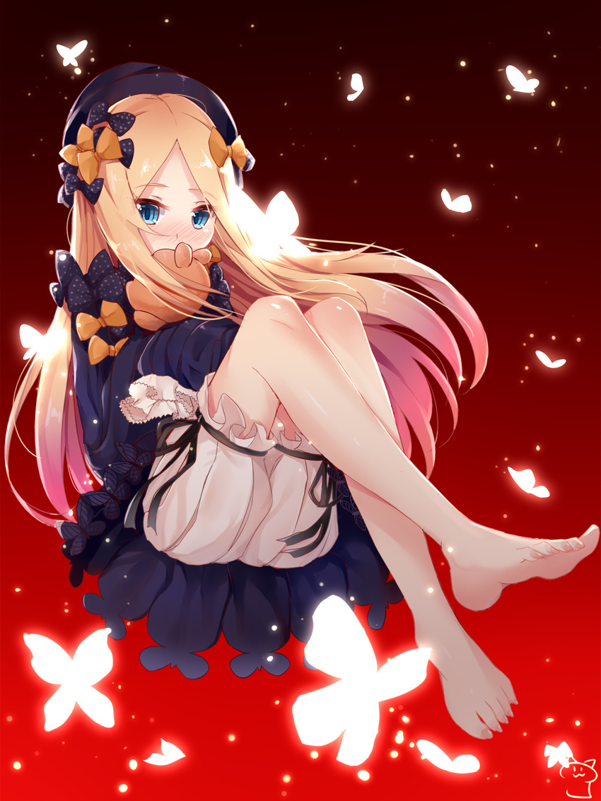 abigail_williams_(fate/grand_order) bangs barefoot black_bow black_dress black_hat blonde_hair bloomers blue_eyes blush bow bug butterfly commentary_request covered_mouth dress eyebrows_visible_through_hair fate/grand_order fate_(series) full_body hair_bow hat highres insect long_hair long_sleeves looking_at_viewer nahaki nose_blush object_hug orange_bow parted_bangs polka_dot polka_dot_bow red_background simple_background sitting sleeves_past_fingers sleeves_past_wrists soles solo stuffed_animal stuffed_toy teddy_bear toenails underwear very_long_hair white_bloomers