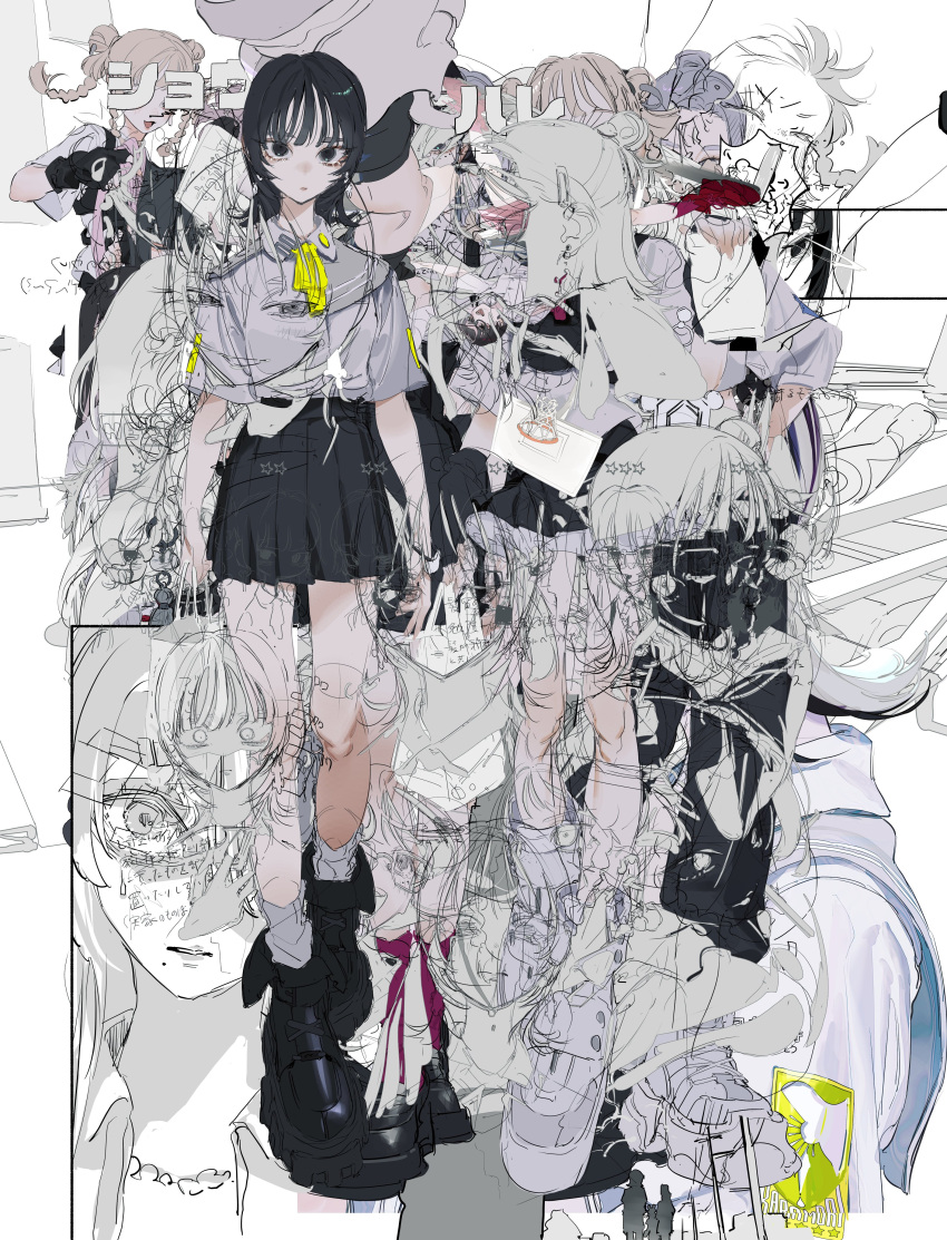 6+girls absurdres black_eyes black_footwear black_hair black_skirt cover cover_page highres looking_at_viewer mole multiple_girls note original rolua school_uniform shirt skirt white_background white_hair