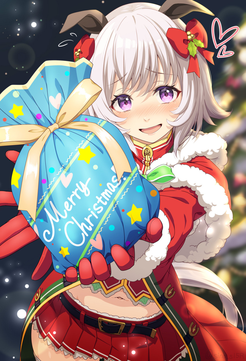 1girl animal_ears belt black_belt blurry blurry_background blush bow cape christmas christmas_tree coat commentary_request cowboy_shot curren_chan_(umamusume) fur-trimmed_cape fur_trim gloves grey_hair hair_bow hair_ornament highres holly_hair_ornament horse_ears horse_girl horse_tail horseshoe_ornament incoming_gift looking_at_viewer masaki_shino medium_bangs merry_christmas midriff miniskirt navel nose_blush open_mouth pleated_skirt purple_eyes red_bow red_cape red_coat red_gloves red_skirt short_hair skirt smile solo tail umamusume