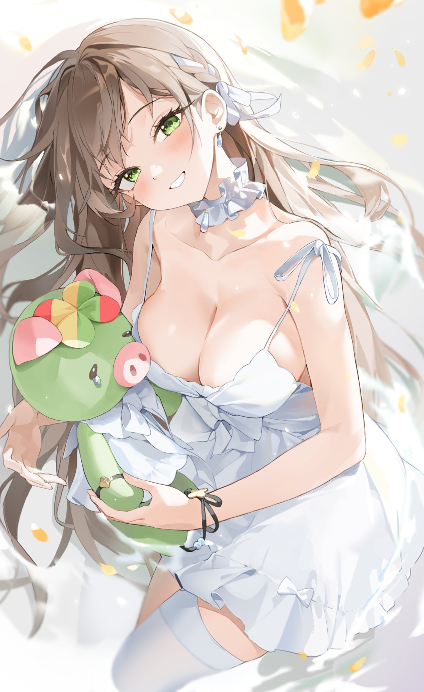 1girl absurdres breasts brown_hair choyeon cleavage collar dress frilled_collar frills green_eyes highres large_breasts long_hair meme_(v-lup) off_shoulder single_thighhigh smile solo strap_slip stuffed_animal stuffed_pig stuffed_toy thighhighs v-lup virtual_youtuber white_dress