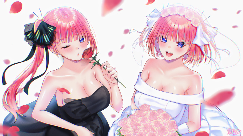 2girls :d absurdres alternate_costume alternate_hairstyle armpit_crease armpits bare_shoulders black_dress black_ribbon blue_eyes blunt_bangs blurry blush bouquet breasts butterfly_hair_ornament cleavage collarbone commentary commission depth_of_field dress embarrassed eyebrows_hidden_by_hair eyes_visible_through_hair falling_petals floating_hair flower from_above gloves go-toubun_no_hanayome hair_ornament happy highres holding holding_bouquet holding_flower kurosaki_coco large_breasts lips long_hair looking_at_viewer multiple_girls multiple_persona nakano_nino off-shoulder_dress off_shoulder one_eye_closed parted_lips petals pink_flower pink_hair pink_rose raised_eyebrows red_flower red_rose ribbon rose rose_petals side_ponytail signature simple_background skeb_commission skindentation smile strapless strapless_dress teeth tsurime twintails upper_body upper_teeth_only very_long_hair wedding_dress white_background white_dress white_ribbon