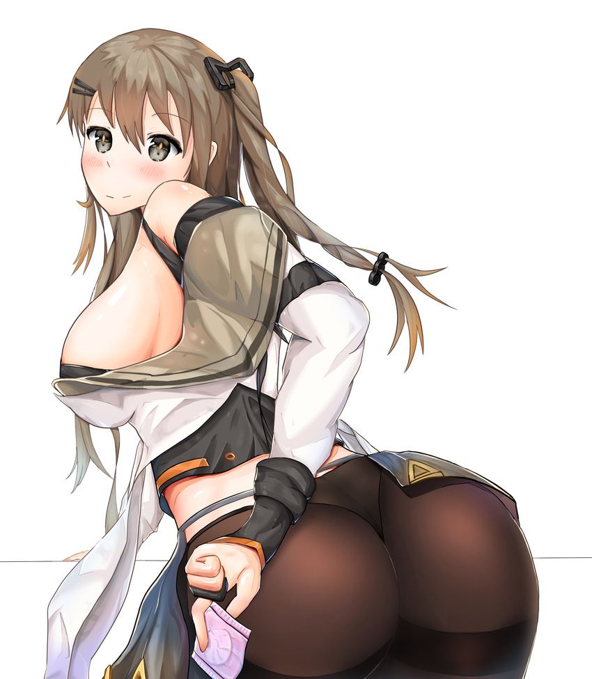 1girl ass auna bangs black_panties blush breasts brown_eyes brown_hair brown_legwear condom condom_hold eyebrows_visible_through_hair fingerless_gloves girls_frontline gloves hair_ornament hairclip k-2_(girls_frontline) leaning_forward long_hair long_sleeves looking_at_viewer medium_breasts miniskirt one_side_up pantyhose side_ponytail sidelocks simple_background skirt smile solo standing thighband_pantyhose thong underwear whale_tail white_background