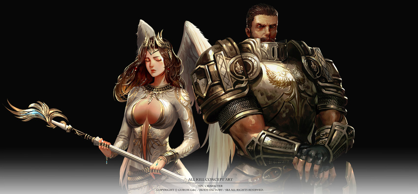 1girl all_kill angel_wings armor art_slow black_gloves bracelet breastplate breasts brown_hair chainmail cleavage cleavage_cutout closed_eyes concept_art copyright_name cowboy_shot crown facial_hair facing_viewer gloves hair_tubes highres holding holding_staff jewelry long_hair md5_mismatch medium_breasts muscle mustache sideburns staff wings