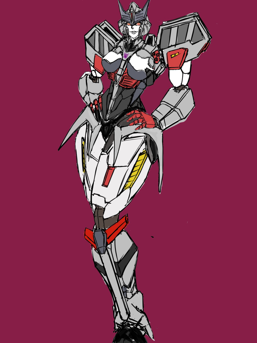 armor breasts decepticon hands_on_own_hips helmet highres humanoid_robot large_breasts looking_at_viewer megaempress pakutama777 red_eyes robot robot_girl shoulder_armor thick_thighs thighs transformers
