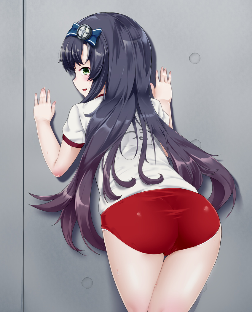 against_wall alternate_costume arm_support ashikama ass bangs black_hair blue_bow blush bow buruma fingernails gradient_hair green_eyes gym_uniform hair_bow highres kantai_collection leaning_forward long_hair looking_back matsuwa_(kantai_collection) multicolored_hair name_tag panties panties_under_buruma panty_peek purple_hair red_buruma shirt short_sleeves sideways_mouth solo standing tareme thigh_gap thighs underwear wall wardrobe_error white_panties white_shirt