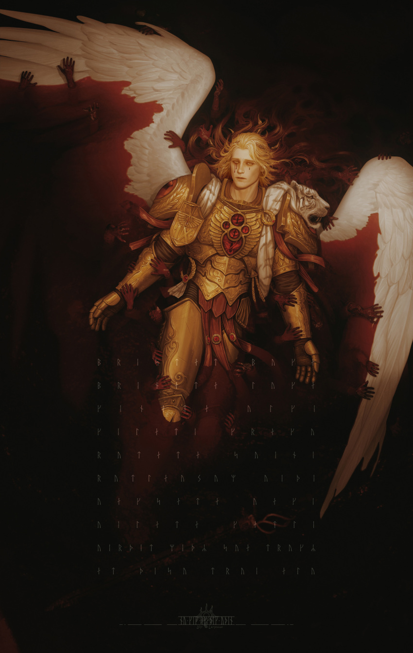 1boy absurdres adam's_apple angel angel_wings armor armored_boots artist_logo artist_name blade_encarmine blending blonde_hair blood blood_angels blood_from_eyes bloody_wings boots breastplate commentary commission couter cuirass death disembodied_limb english_commentary eye_of_horus_(warhammer) gauntlets gem gold_armor grabbing grabbing_another's_wing greaves hand_on_another's_wing highres laurel_crown layered_armor leg_armor leopard_pelt long_hair male_focus multiple_others parted_lips partially_submerged pauldrons pelt pelvic_curtain poleyn pool_of_blood power_armor primarch red_gemstone rerebrace roman_numeral runes sanguinius shattered shoulder_armor sinking snow_leopard solo_focus surrounded_by_hands teardrop-shaped_gem usfr warhammer_40k white_wings wings yellow_eyes