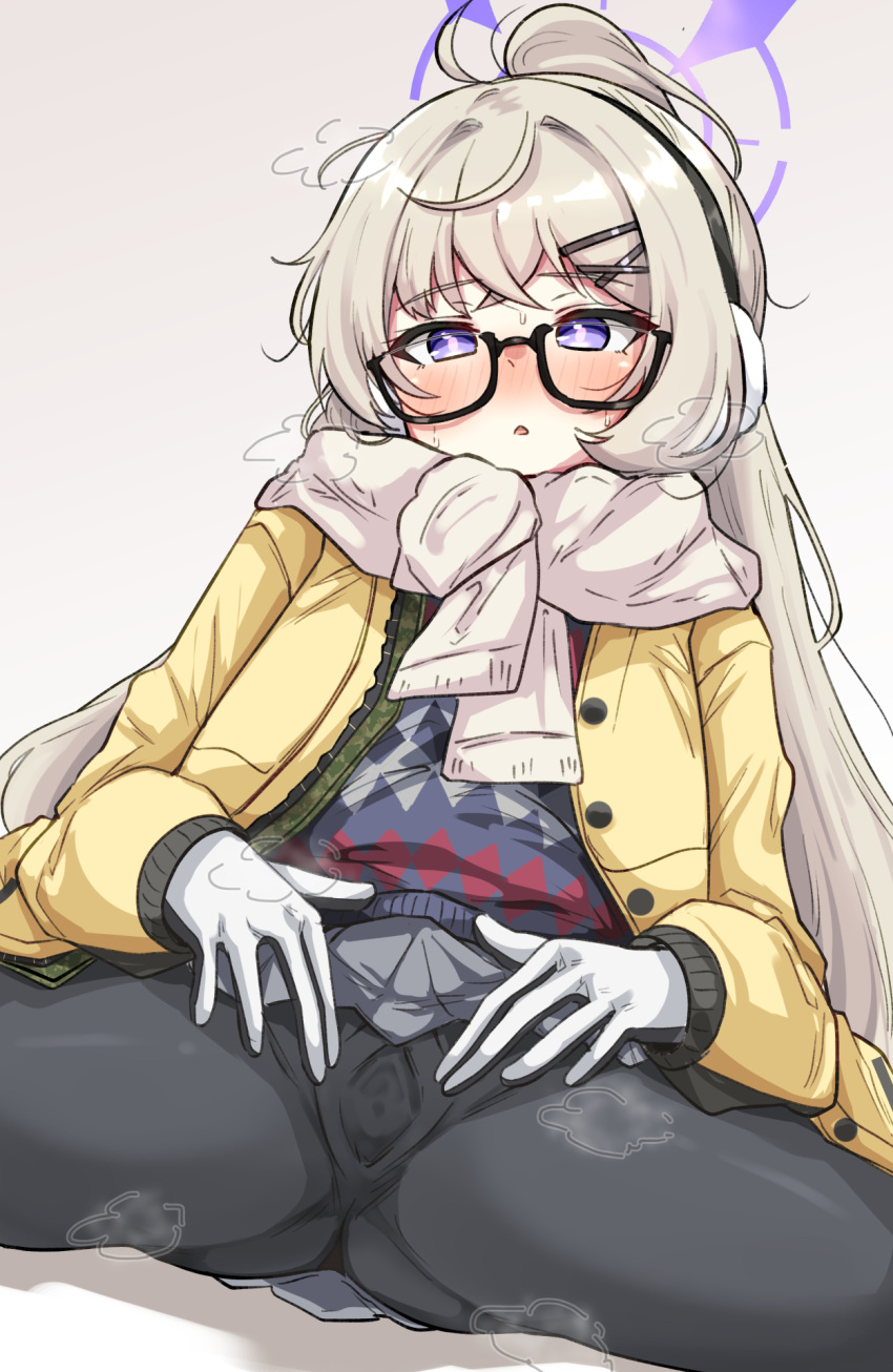 1girl black-framed_eyewear blonde_hair blue_archive blush commentary_request glasses gloves grey_background halo highres jacket kotama_(blue_archive) kotama_(camp)_(blue_archive) long_hair long_sleeves machismo_fuji official_alternate_costume open_clothes open_jacket pantyhose ponytail purple_eyes purple_halo scarf semi-rimless_eyewear simple_background sitting skirt spread_legs spread_pussy_under_clothes steaming_body sweat white_background yellow_jacket