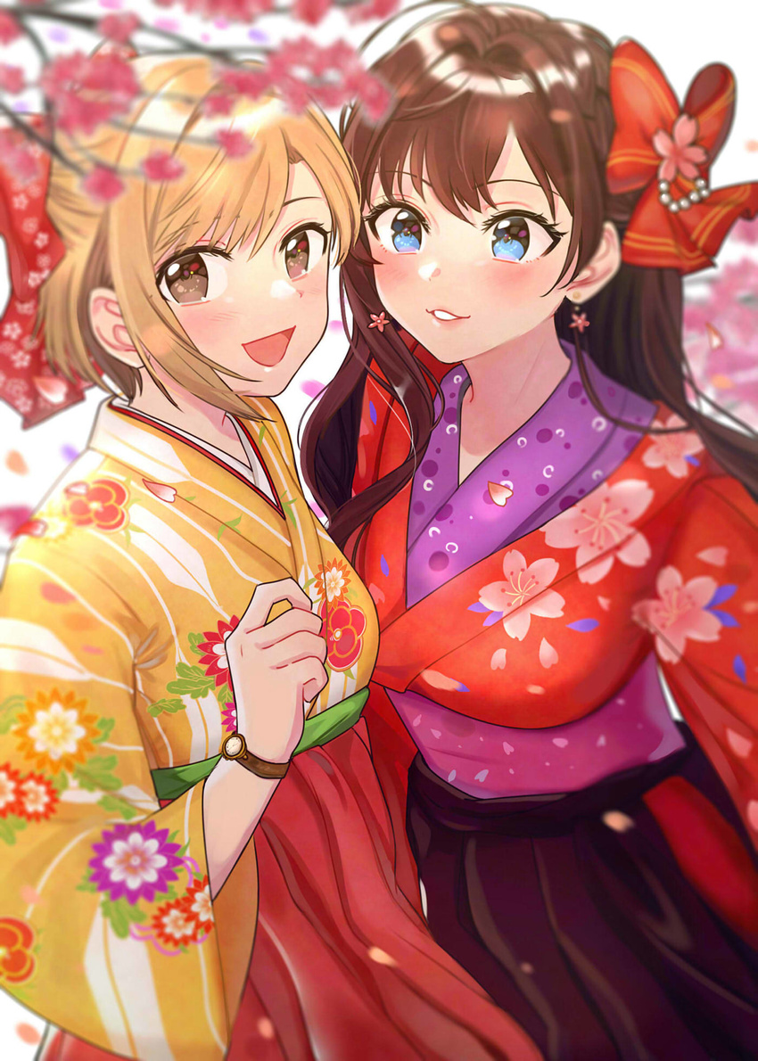:d aiba_yumi bangs black_hakama blonde_hair blue_eyes blurry blush bow breasts brown_eyes brown_hair depth_of_field earrings floral_print flower_earrings hair_bow hakama hand_up highres ichinose_shiki idolmaster idolmaster_cinderella_girls japanese_clothes jewelry kimono lips long_hair looking_at_viewer medium_breasts motion_blur multiple_girls open_mouth parted_lips petals red_bow red_hakama red_kimono sash short_hair simple_background single_sidelock smile tareme tomato_omurice_melon tree_branch upper_body watch white_background wristwatch yellow_kimono