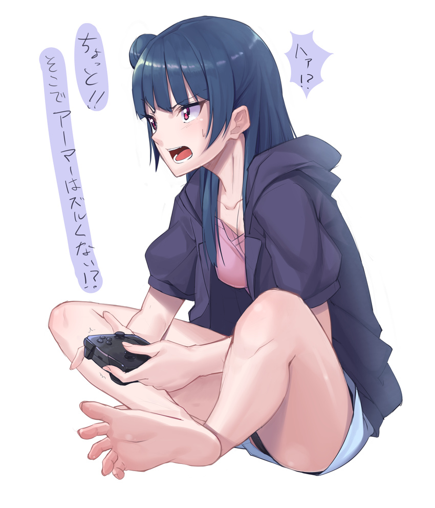 :o absurdres bangs barefoot blue_hair blunt_bangs collarbone commentary_request controller crossed_legs feet full_body game_controller ginopi highres holding hood hoodie long_hair love_live! love_live!_sunshine!! open_mouth pink_shirt red_eyes shirt shorts side_bun sitting soles solo translated tsushima_yoshiko v-shaped_eyebrows