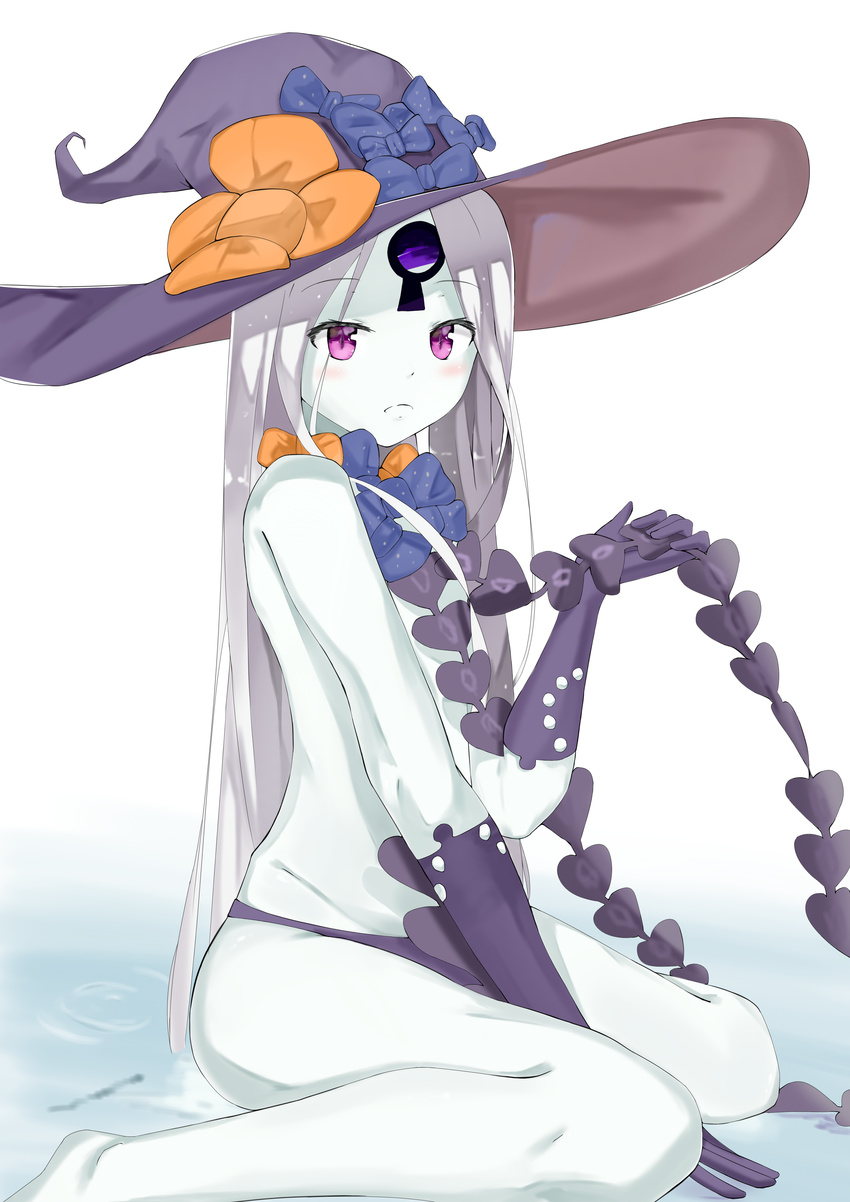 abigail_williams_(fate/grand_order) absurdres bangs blue_bow blush bow closed_mouth commentary_request elbow_gloves eyebrows_visible_through_hair fate/grand_order fate_(series) gloves hat hat_bow highres holding long_hair looking_at_viewer looking_to_the_side orange_bow pale_skin panties parted_bangs purple_eyes purple_gloves purple_hat purple_panties revealing_clothes silver_hair sitting sog-igeobughae solo topless underwear very_long_hair wariza water white_background witch_hat