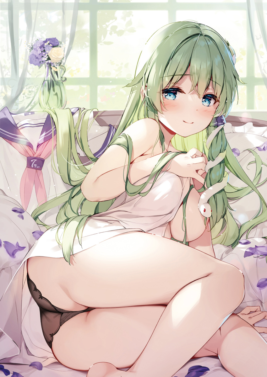 1girl absurdres arm_support ass bare_arms bare_shoulders black_panties blue_eyes blush breasts closed_mouth convenient_censoring curtains day flower frog_hair_ornament green_eyes hair_ornament highres indoors kochiya_sanae long_hair looking_at_viewer lying medium_breasts miyase_mahiro on_side panties petals pillow snake_hair_ornament thighs touhou towel underwear window