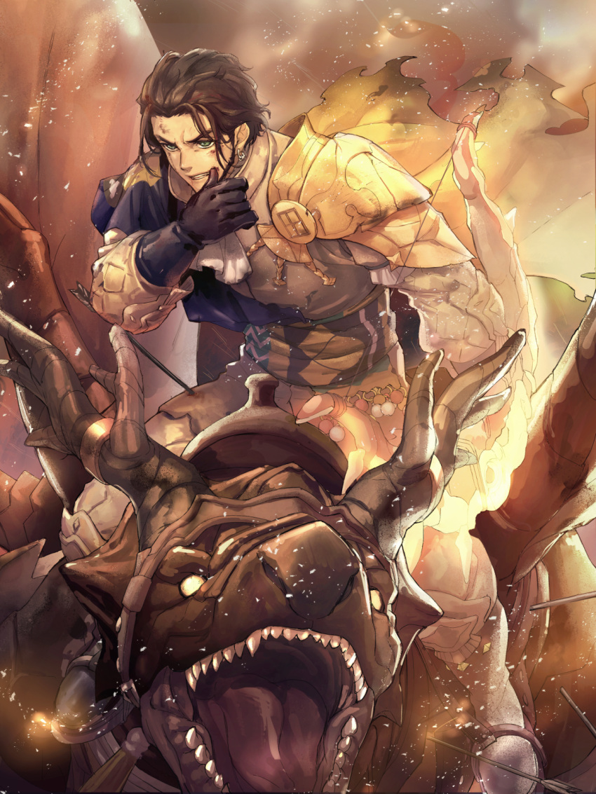 1boy armor arrow_(projectile) arrow_in_body beard black_gloves blood blood_on_face boots bow_(weapon) brown_hair cape claude_von_riegan clenched_teeth coat commentary dirty dirty_face dragon earrings embers facial_hair failnaught_(fire_emblem) fangs fire_emblem fire_emblem:_three_houses full_body gloves glowing glowing_weapon green_eyes hair_slicked_back highres injury jewelry male_focus manly moyashi_mou2 neckerchief padded_shirt pants saddle sash short_hair shoulder_armor smoke solo teeth torn_cape torn_clothes weapon wyvern