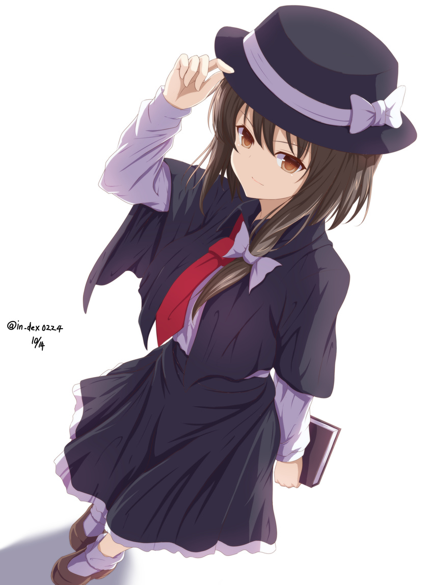 &gt;:) absurdres adjusting_clothes adjusting_hat bad_id bad_pixiv_id black_skirt bobby_socks book bow brown_eyes brown_footwear brown_hair capelet closed_mouth fedora full_body furiruno hair_bow hand_on_headwear hat hat_bow highres holding holding_book long_sleeves looking_at_viewer medium_skirt necktie red_neckwear shirt shoes short_hair simple_background skirt smile socks solo standing touhou twitter_username usami_renko v-shaped_eyebrows white_background white_bow white_legwear white_shirt