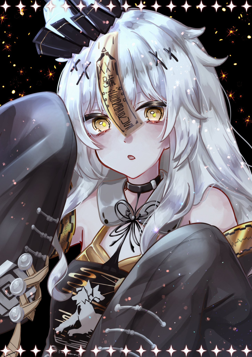 1girl black_choker black_dress black_headwear cerberus choker collar dress grey_collar grey_hair hair_ornament hat highres jiangshi long_hair misoso_25 no.21_(punishing:_gray_raven) official_alternate_costume ofuda_on_head open_mouth qingdai_guanmao sidelocks sleeves_past_fingers sleeves_past_wrists solo x_hair_ornament