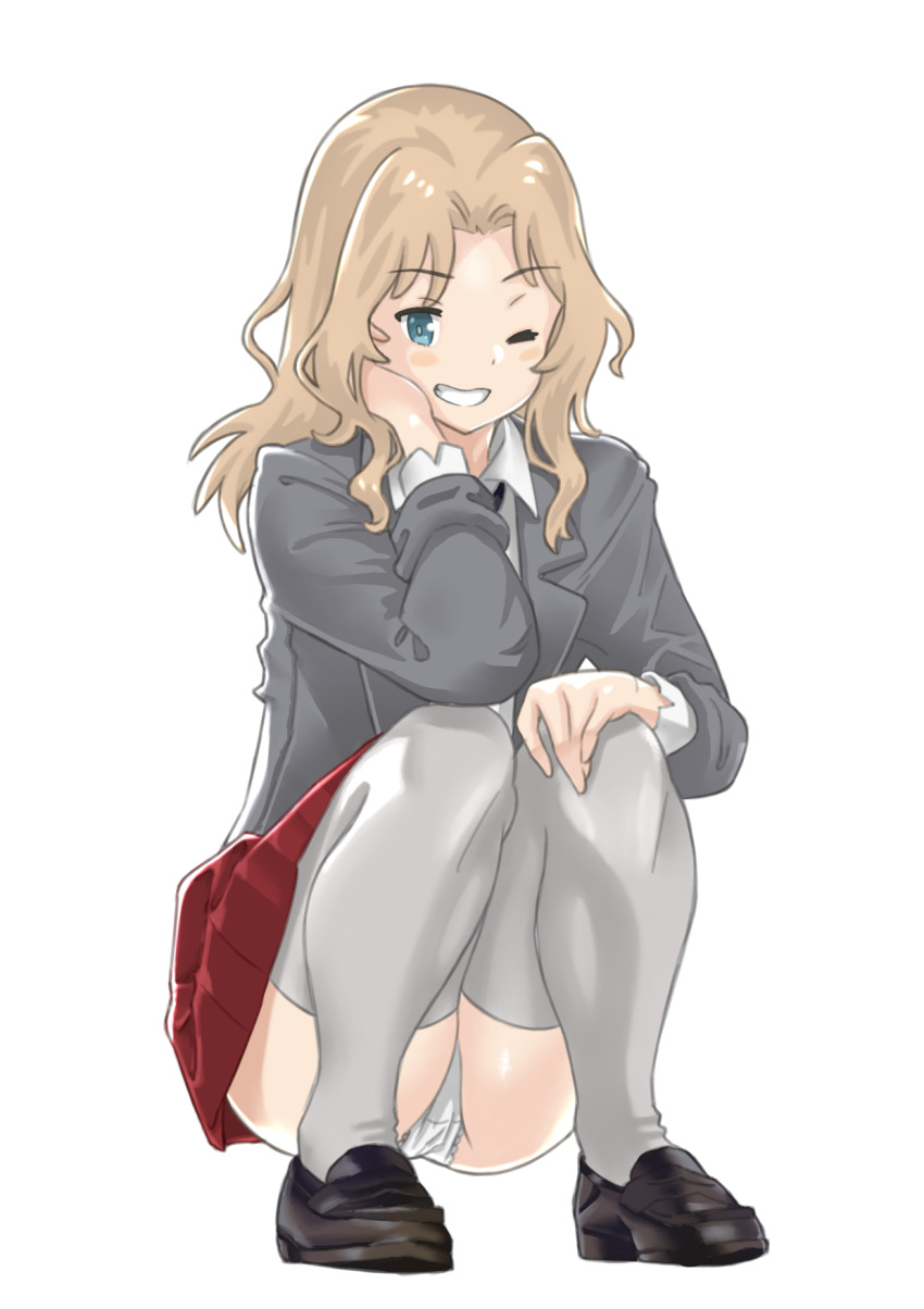 1girl alternate_footwear black_footwear black_neckwear blazer blonde_hair blouse blue_eyes blush_stickers collared_blouse commentary eyebrows_visible_through_hair full_body girls_und_panzer grey_jacket grin hair_intakes hand_in_hair hand_on_own_knee highres jacket kay_(girls_und_panzer) lace lace-trimmed_panties legs loafers long_hair long_sleeves looking_at_viewer miniskirt one_eye_closed open_clothes open_jacket panties pantyshot pantyshot_(squatting) pleated_skirt red_skirt saunders_school_uniform school_uniform shoes simple_background skirt sleeves_rolled_up smile solo squatting thighhighs underwear white_background white_blouse white_legwear white_panties yamano_rita