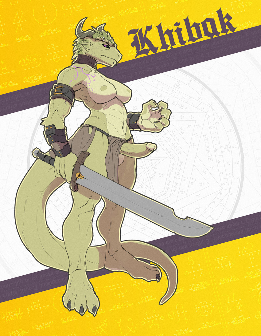 2017 3_toes 5_fingers anthro balls belt black_sclera breasts clothed clothing fingers hi_res horn intersex invalid_tag kobold looking_at_viewer mammal melee_weapon muscular muscular_dickgirl muscular_intersex navel nipples partially_clothed penis piercing purple_eyes scalie simple_background solo standing sword text toes tzarvolver weapon