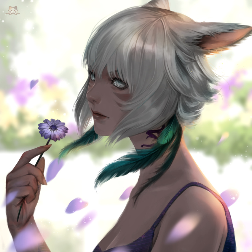 1girl animal_ears bare_shoulders blind blurry blurry_background cat_ears collarbone commentary english_commentary expressionless facial_mark falling_petals feather_hair_ornament feathers final_fantasy final_fantasy_xiv flower from_side grey_hair hair_ornament hand_up highres holding holding_flower llen_chabbie looking_ahead miqo'te neck_tattoo petals portrait short_hair slit_pupils solo tattoo white_eyes wind y'shtola_rhul