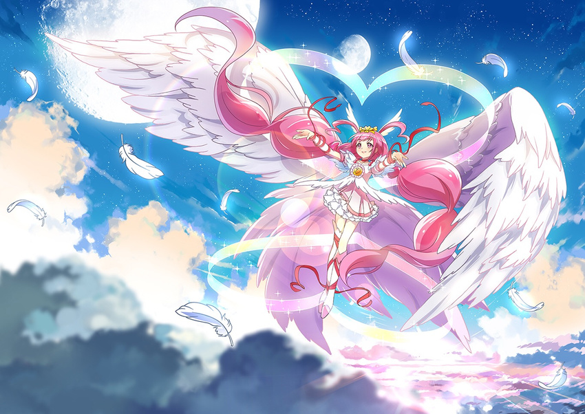 antenna_hair arm_ribbon asymmetrical_legwear boots choker cure_happy dress feathered_wings feathers flying head_wings hoshi_(xingspresent) hoshizora_miyuki layered_dress long_hair magical_girl pink_dress pink_eyes pink_hair precure ribbon smile smile_precure! solo twintails ultra_cure_happy white_footwear white_wings wings