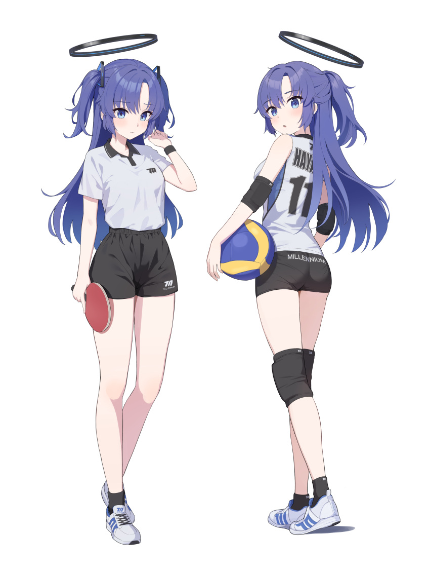 1girl :o absurdres alternate_costume ball black_halo black_shorts blue_archive blue_eyes blue_hair closed_mouth clothes_writing full_body halo highres holding holding_ball holding_racket long_hair looking_at_viewer multiple_views ponytail racket shirt short_sleeves shorts simple_background sportswear standing tem_(tempainting1) tennis_uniform two_side_up volleyball_(object) volleyball_uniform white_background white_shirt yuuka_(blue_archive)