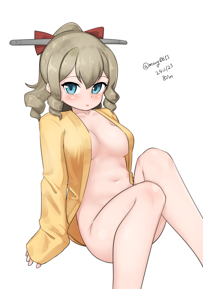 1girl absurdres blue_eyes bottomless bow breasts coat dated drill_hair feet_out_of_frame hair_bow hair_ornament haori hatakaze_(kancolle) highres japanese_clothes kantai_collection light_brown_hair maru_(marg0613) medium_breasts one-hour_drawing_challenge sitting solo twitter_username yellow_coat