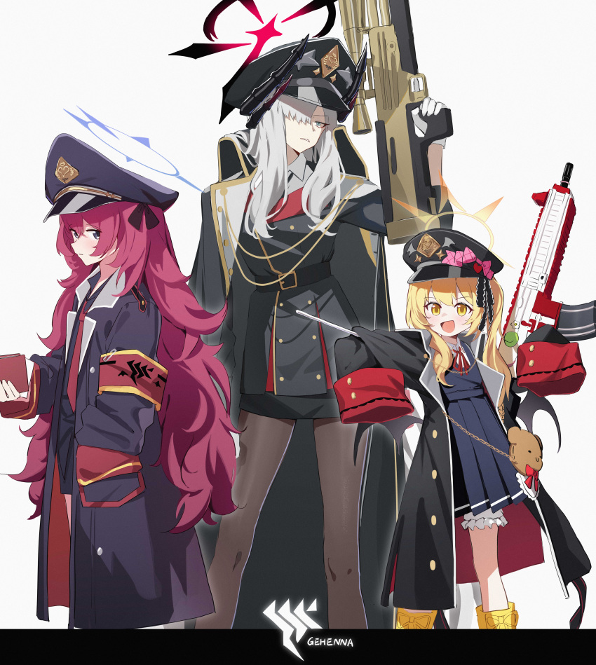 3girls :d absurdres armband assault_rifle black_coat black_headwear black_pantyhose black_ribbon black_skirt black_wings blonde_hair bloomers blue_archive bow bullpup coat coat_on_shoulders demon_horns demon_wings dress gehenna_academy_logo gloves grey_eyes grey_hair gun h&amp;k_hk416 hair_over_one_eye hair_ribbon halo hat hat_bow highres holding holding_gun holding_weapon horns ibuki_(blue_archive) iroha_(blue_archive) long_hair long_sleeves low_wings makoto_(blue_archive) multiple_girls multiple_horns necktie open_clothes open_coat open_mouth pandemonium_society_(blue_archive) pantyhose peaked_cap pinafore_dress pink_bow pleated_skirt purple_halo red_armband red_hair red_necktie ribbon rifle skirt sleeveless sleeveless_dress sleeves_past_fingers sleeves_past_wrists smile sniper_rifle tail twintails very_long_hair walther walther_wa_2000 weapon white_background white_bloomers white_gloves wings xintianou yellow_eyes yellow_footwear yellow_halo