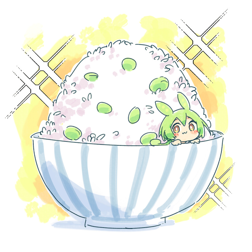 1girl :3 animal_ears ayakashi_(monkeypanch) blush_stickers bowl bright_pupils chibi commentary edamame_(food) food green_hair hair_between_eyes highres in_bowl in_container light_blush long_hair looking_at_viewer low_ponytail rice rice_bowl solo sparkle voicevox white_background white_pupils yellow_background yellow_eyes zundamon