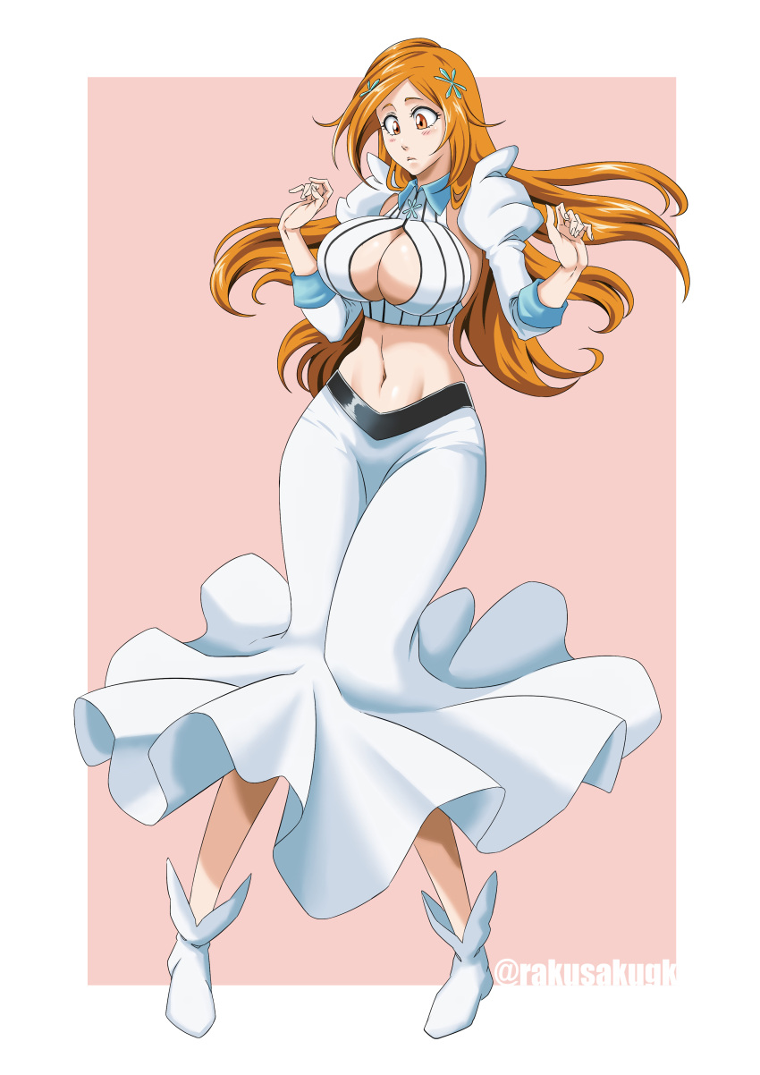 1girl absurdres bleach bleach:_sennen_kessen-hen blush breasts cleavage detached_sleeves hair_ornament highres inoue_orihime large_breasts long_hair navel open_mouth orange_hair pink_background rakusakugk solo