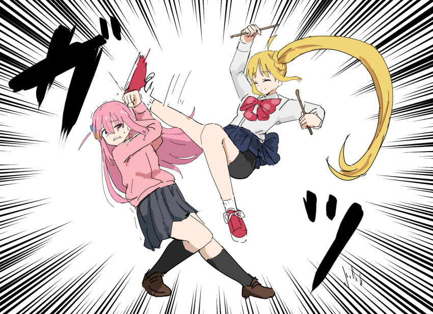 2girls ahoge black_shorts black_skirt black_socks blonde_hair blue_skirt bocchi_the_rock! bow bowtie brown_footwear clenched_teeth closed_eyes closed_mouth commentary_request cube_hair_ornament drumsticks emphasis_lines flying_kick gotoh_hitori hair_ornament half-closed_eyes highres holding holding_drumsticks ijichi_nijika jacket kicking kneehighs leaning_back loafers long_hair long_sleeves multiple_girls one_eye_closed pink_hair pink_jacket pink_track_suit pleated_skirt polka_dot_bowtie red_bow red_bowtie red_footwear shirt shoes shorts side_ponytail skirt smile socks sweatdrop teeth tenten_(chan4545) very_long_hair white_background white_shirt white_socks