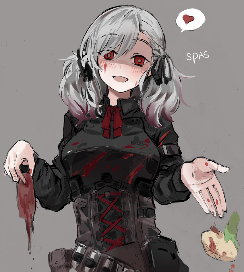 alternate_costume armor blood blood_on_face bloody_clothes blush character_name empty_eyes girls_frontline hair_ribbon heart highres looking_at_viewer ribbon silver_hair snowru spas-12_(girls_frontline) spoken_heart yandere
