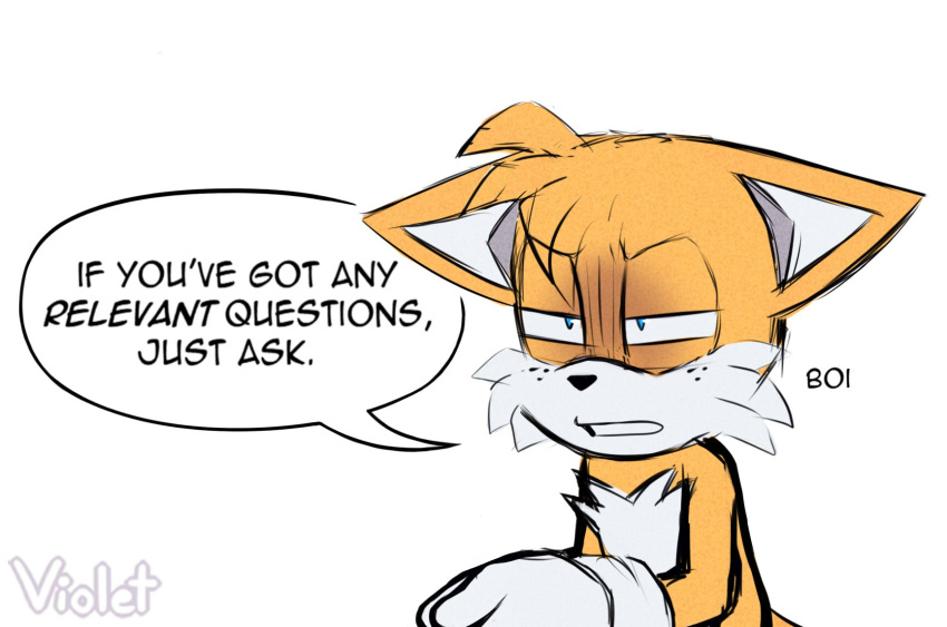 2020 annoyed anthro blue_eyes canid canine clothing dialogue english_text fox fur gloves handwear hi_res male mammal miles_prower narrowed_eyes sega signature simple_background solo sonic_the_hedgehog_(series) speech_bubble text violetmadness7 white_body white_fur yellow_body yellow_fur