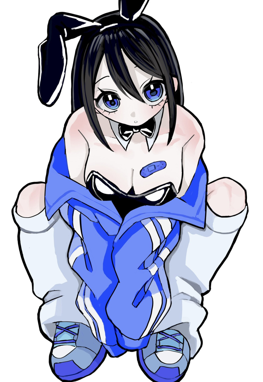 1girl animal_ears bandaid bandaid_on_breast between_legs black_bow black_bowtie black_hair black_leotard blue_eyes blue_jacket bow bowtie breasts detached_collar double_vertical_stripe fake_animal_ears full_body hair_between_eyes hand_between_legs highres jacket kakeru_(urokogaran) knees_up leg_warmers leotard long_hair long_sleeves looking_at_viewer medium_breasts off_shoulder original playboy_bunny rabbit_ear_hairband rabbit_ears shoes simple_background sitting sleeves_past_fingers sleeves_past_wrists sneakers solo straight_hair strapless strapless_leotard traditional_bowtie urokogaran white_background white_leg_warmers