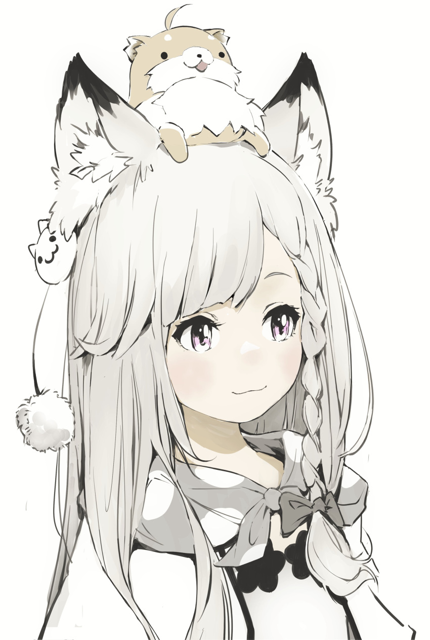 1girl absurdres akinosub animal_ear_fluff animal_ears animal_on_head animare blush bow braid closed_mouth dog dog_ears dog_on_head grey_bow grey_hair grey_hoodie hair_bow highres hood hood_down hoodie long_hair looking_afar medium_bangs nanashi_inc. on_head pink_eyes pom_pom_(clothes) shiromiya_mimi side_braid simple_background single_braid smile solo upper_body virtual_youtuber white_background