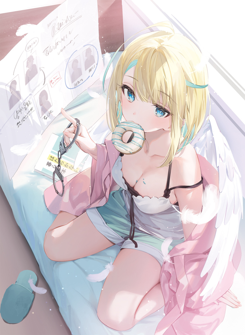 1girl aqua_hair aqua_shorts blonde_hair blue_eyes breasts character_request cleavage cover cover_page cuffs doughnut downblouse feathers food food_in_mouth from_above full_body handcuffs highres looking_at_viewer medium_breasts multicolored_hair official_art on_bed ouri_(aya_pine) pink_robe pointing robe robe_partially_removed second-party_source shirt short_hair shorts sitting solo spaghetti_strap strap_slip streaked_hair tonari_no_heya_no_da_tenshi_ni_kakushigoto_wa_tsuujinai wariza white_shirt