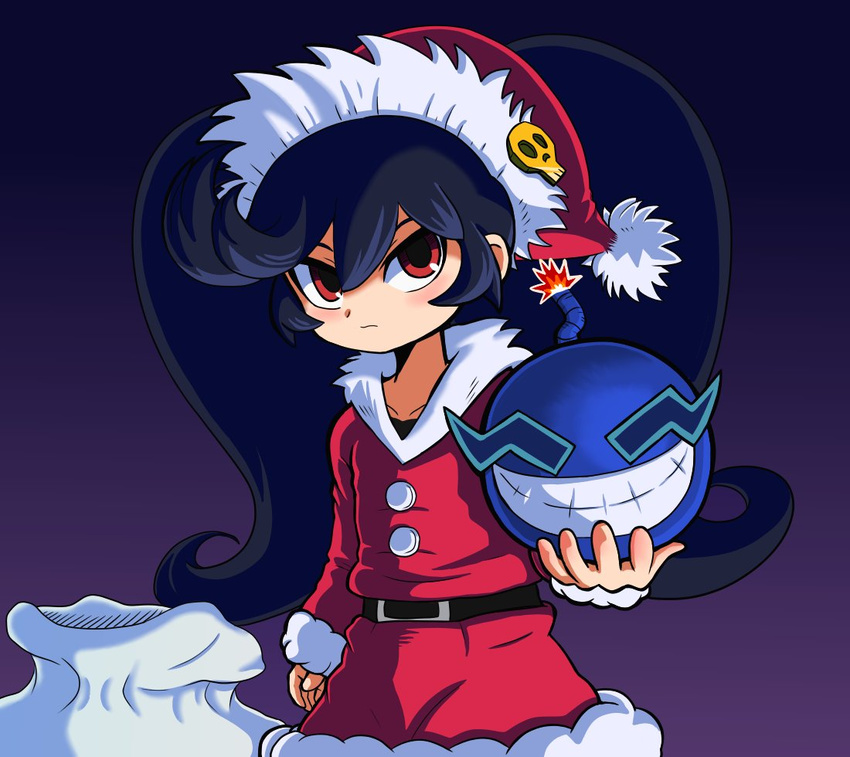 ashley_(warioware) bag black_hair blush bomb christmas commentary_request half-closed_eyes hat long_hair looking_at_viewer red_eyes santa_costume solo takamame twintails very_long_hair warioware