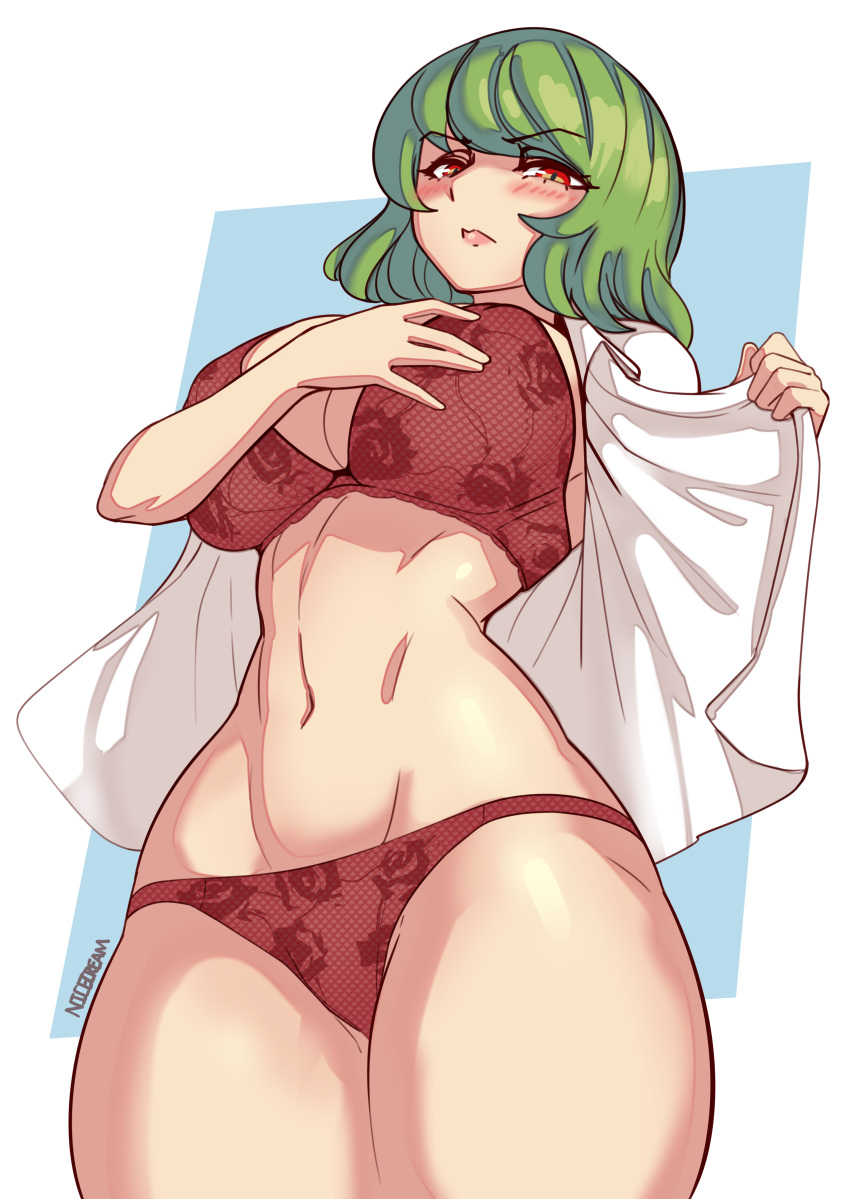 1girl absurdres blush bra breasts commission cowboy_shot green_hair highres huge_breasts kazami_yuuka lingerie looking_at_viewer navel nicecream open_clothes open_shirt panties parted_lips red_bra red_eyes red_panties shirt short_hair signature solo touhou underwear variant_set white_shirt