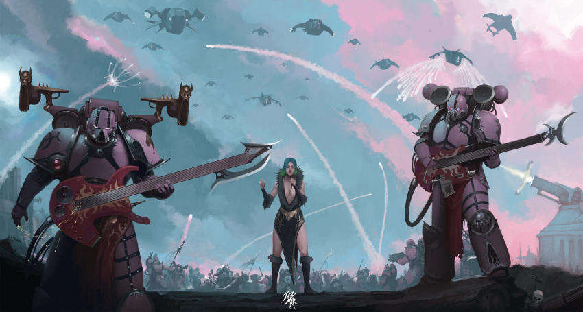 1girl 6+boys absurdres adeptus_astartes aircraft armor building center_opening chaos_space_marine cloud cloudy_sky commentary emperor's_children english_commentary firing grey_hair guitar highres instrument multiple_boys noise_marines outdoors pink_armor power_armor skull sky standing taz-mar warhammer_40k