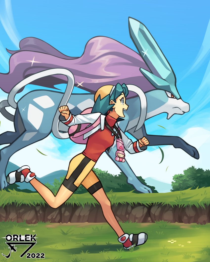 1girl absurdres backpack bag blue_eyes blue_hair blue_sky cropped_jacket from_side hat highres jacket kris_(pokemon) long_sleeves open_clothes open_jacket open_mouth orlek outdoors pokemon pokemon_(creature) pokemon_gsc red_shirt running shirt shoes shorts sky suicune teeth upper_teeth_only white_jacket yellow_headwear yellow_shorts