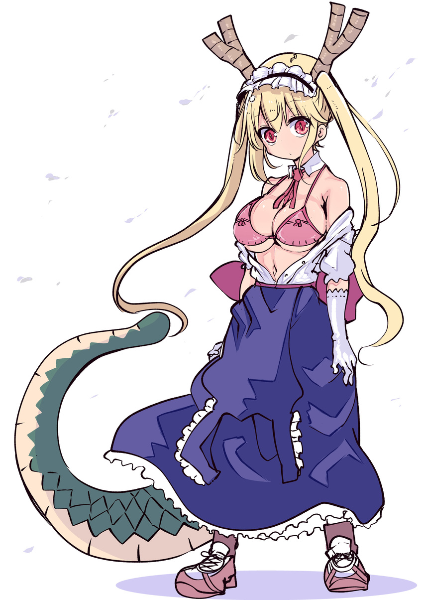 absurdres arms_at_sides bangs bare_shoulders blonde_hair blue_skirt bra breasts cleavage cool-kyou_shinja detached_collar dragon_girl dragon_horns dragon_tail elbow_gloves frilled_skirt frills gloves highres horns kobayashi-san_chi_no_maidragon large_breasts legs_apart long_hair long_skirt maid_headdress navel necktie off_shoulder open_clothes open_shirt pink_bra pink_neckwear red_eyes shirt shoes simple_background sketch skirt slit_pupils sneakers solo tail tareme tooru_(maidragon) twintails unbuttoned unbuttoned_shirt underwear white_background white_gloves white_shirt