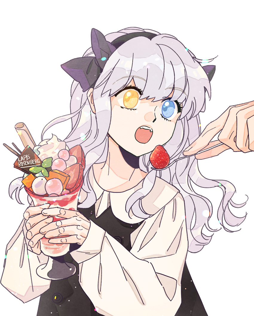 1girl absurdres bow doll_joints eiyuu_densetsu food hair_bow hajimari_no_kiseki heterochromia highres holding holding_food ice_cream joints lapis_rosenberg long_hair open_mouth sae_masq2 simple_background solo_focus sundae wavy_hair white_background white_hair