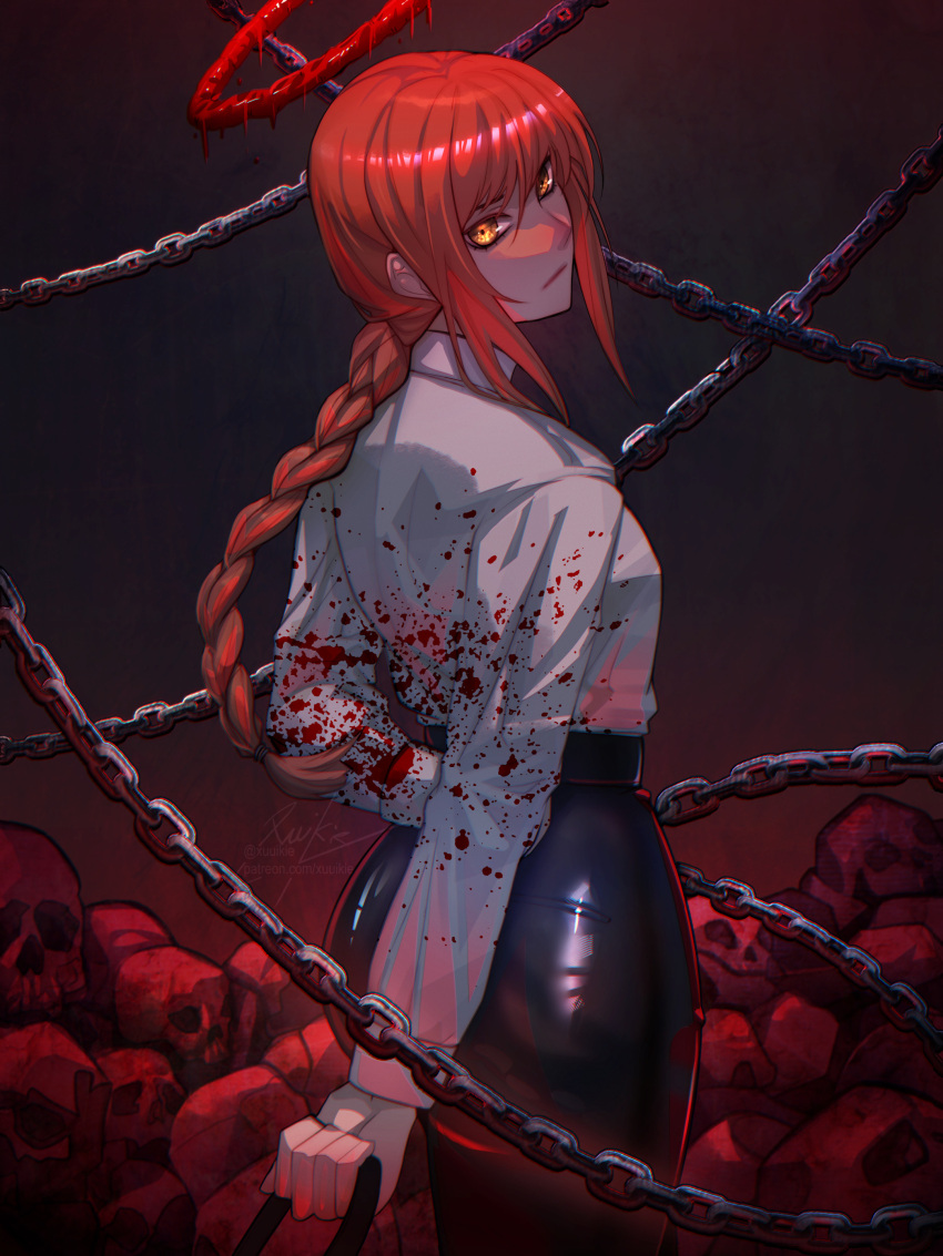 1girl absurdres black_pants blood blood_halo blood_on_clothes braid braided_ponytail business_suit chain chainsaw_man closed_mouth collared_shirt formal high-waist_pants highres looking_at_viewer looking_back makima_(chainsaw_man) pants red_hair shirt shirt_tucked_in sidelocks single_braid skull solo suit white_shirt xuuikie_ashe yellow_eyes