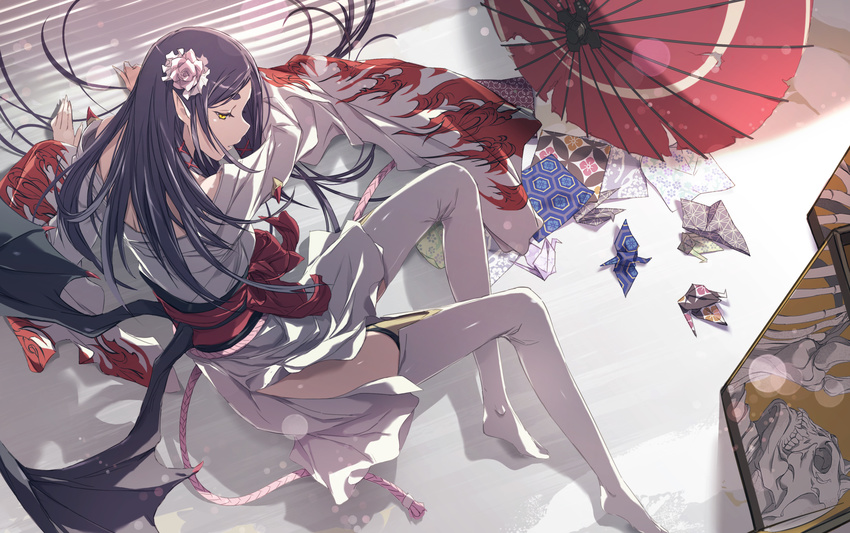 absurdres akira_(coffee_curry) arm_support black_hair commentary_request flower hair_flower hair_ornament half-closed_eyes highres indoors japanese_clothes kimono long_hair long_legs lying obi on_side onmyoji oriental_umbrella origami paper_crane parted_lips pointy_ears profile sash shade shadow side_slit solo thick_eyebrows thighhighs umbrella white_flower white_kimono white_legwear wide_sleeves wings xixue_ji yellow_eyes